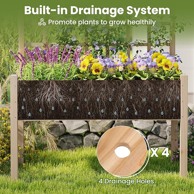 Giantex Raised Garden Bed with Trellis, Wooden Elevated Planter Box with Legs, Drainage Holes for Climbing Plants Vines Vegetables Flowers Herbs, Outdoor Horticulture Planter for Patio Yard (Natural)