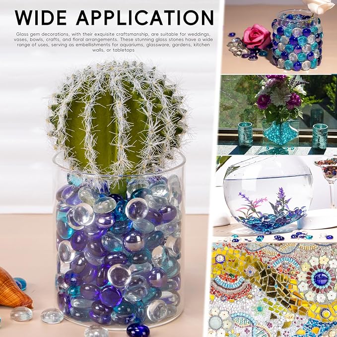 1 LB Blue Mix Color Glass Marbles, Mini Flat Glass Beads~150PCS for Vase Fillers, Floral Bottom Mancala Gems Pebbles Fish Tank Rocks for Table Aquarium,Home Decor Art Craft Supplies(0.5"~0.7")