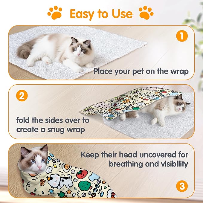 27.6" Large Cat Grooming Wrap, Cat Grooming Supplies, Cat Wrap for Cutting Nails, Self-Adhesive Cat Grooming Bag for Cats Within 15lbs Cat Restraint for Nail Clipping, Medicine Taking(Yellow)