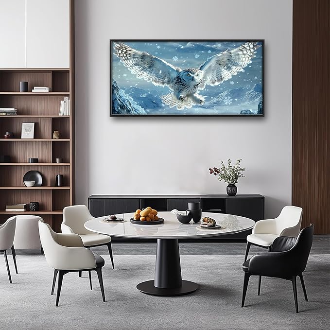 Framed Large Snowy Owl Wall Art for Living Room, Oversized Snowy Mountain Wall Decor Landscape Canvas Painting Modern Artwork Home Decoration for Living Room Bedroom Office 60"x30"