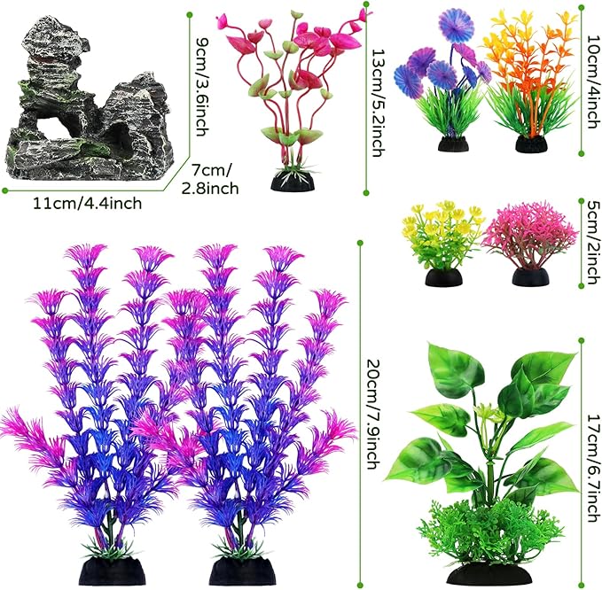 Fish Tank Accessories Aquarium Decorations Plants, 9pcs Colorful Fish Tank Artificial Plants and Cave Rock Decor Set, Aquarium Decor Plastic Plants