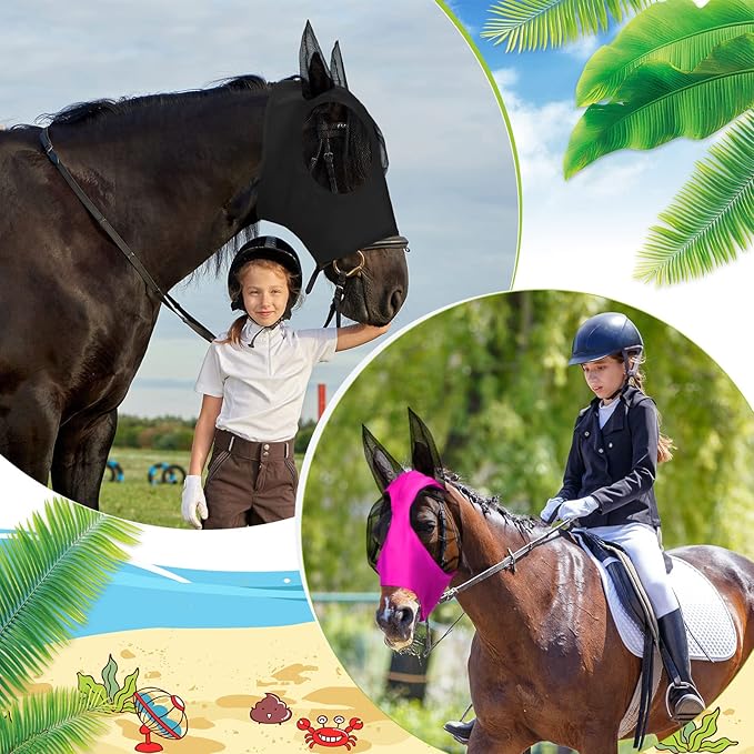 Frienda 4 Pcs Horse Fly Masks with Ears Head Fly Masks for Horses Smooth Elastic UV Protection Cover from Summer Insect Pests(Medium,Purple, Blue, Pink, Black)