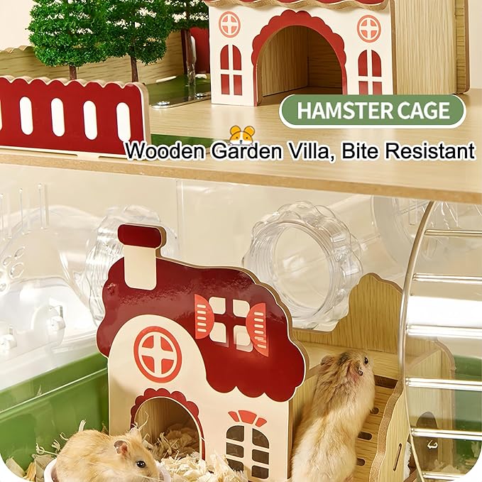17 in 1 Clear Acrylic Hamster Cage with All Accessories,13.5''L* 10''W* 21''H Dwarf Hamster Cage,Magnetic Connection Small Hamster Enclosure,Garden Style Wooden Pet Mouse Cage for Pet Mice(3-Layer)
