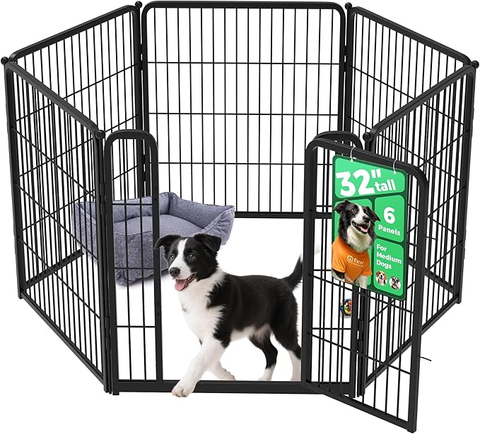 FXW Homeplus Unleashed Indoor Dog Playpen - Stress-Free and Safe Play, Heavy Duty 32 Inch 6 Wire Panels Dog Pen for Small and Medium Dogs, Black│Patented