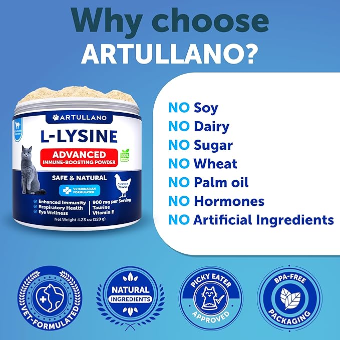 L-Lysine for Cats - Lysine Powder Supplement - 900mg/serving - Immune Support for Cats & Kittens - Sneezing, Runny Nose, Squinting, Watery Eyes, Cold, Eye Function, Respiratory Health - with Taurine