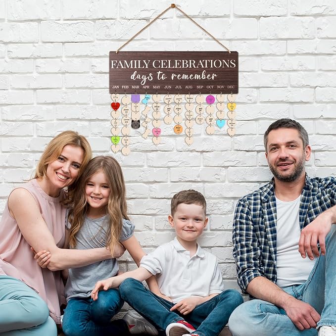 Family Birthday Calendar Board Wall Hanging with Tags, Family Birthday Plaque with Tag Wooden Memory Days Reminder Wall Hanging Home Décor Wood Anniversary Tracker with 104 Tags, Valentines Day Christmas Gifts for Lovers Friends (FAMILY CELEBRATIONS)