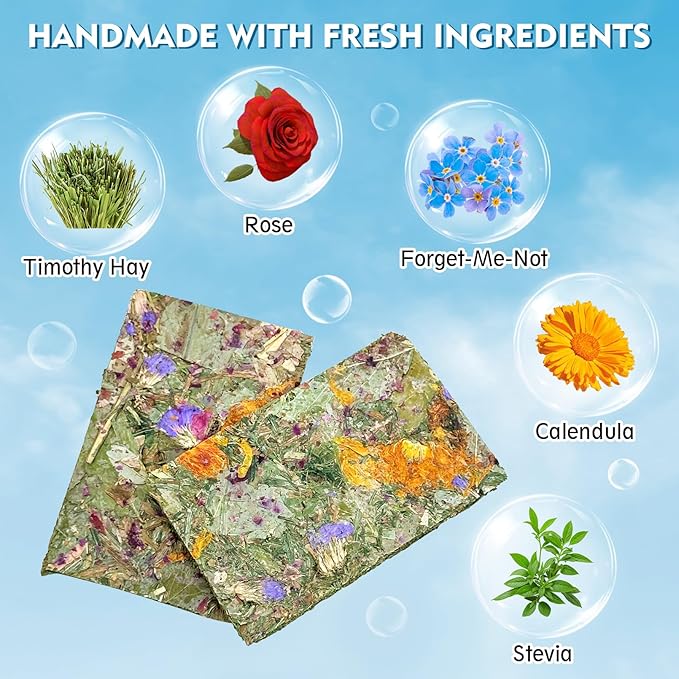 Fhiny 24 PCS Rabbit Timothy Hay Chips Toys, Natural Bunny Molar Treats with Herbal Flowers Rabbit Chew Toys for Teeth Small Animal Snacks for Rats Chinchillas Guinea Pigs Hamsters