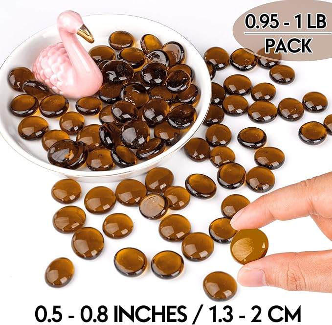 1LB Glass Marbles, Transparent and Smooth Flat Glass Beads for Vases, Mosaic Gem Pebbles for Aquarium Decor, Floral Arrangements, Mancala Stones, Vase Filler and Crafts, Brown