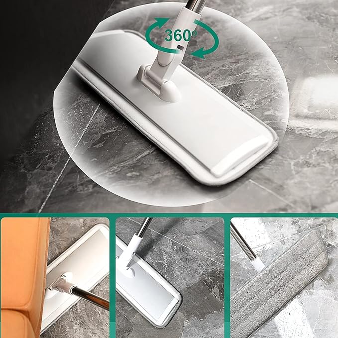 18" Professional Microfiber Mop Floor Cleaning System, Flat Mops with Stainless Steel Handle, 4 Reusable Washable Mop Pads, Wet and Dust Mopping for Hardwood, Vinyl, Laminate, Tile Cleaning (White)