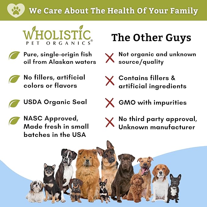 Wholistic Pet Organics Salmon Oil: Deep Sea Wild Alaskan Salmon Oil for Dogs - Omega 3 Dog Fish Oil with EPA and DHA for Skin, Coat, Heart and Nervous System Health - 4 Oz