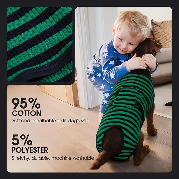 FUAMEY Recovery Suit for Dogs After Surgery,Soft Breathable Dog Bodysuit E-Collar & Cone Alternative Surgical Suit,Male Female Dog Neuter Spay Suits Anti Licking Wounds Onesie Green Black Stripes XL