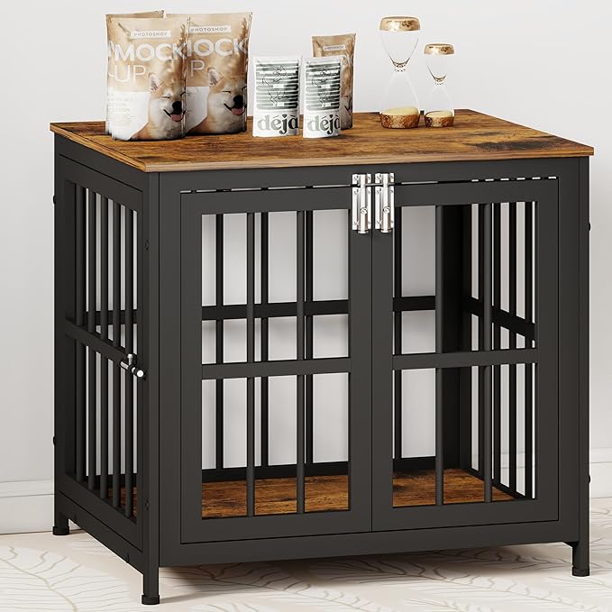26 Inch Heavy Duty Wooden Dog Kennel End Table with Double Door Design and Secure Locks, Indoor Pet Crate Furniture for Small Dogs, Decorative Home Cage Design,Aged Black
