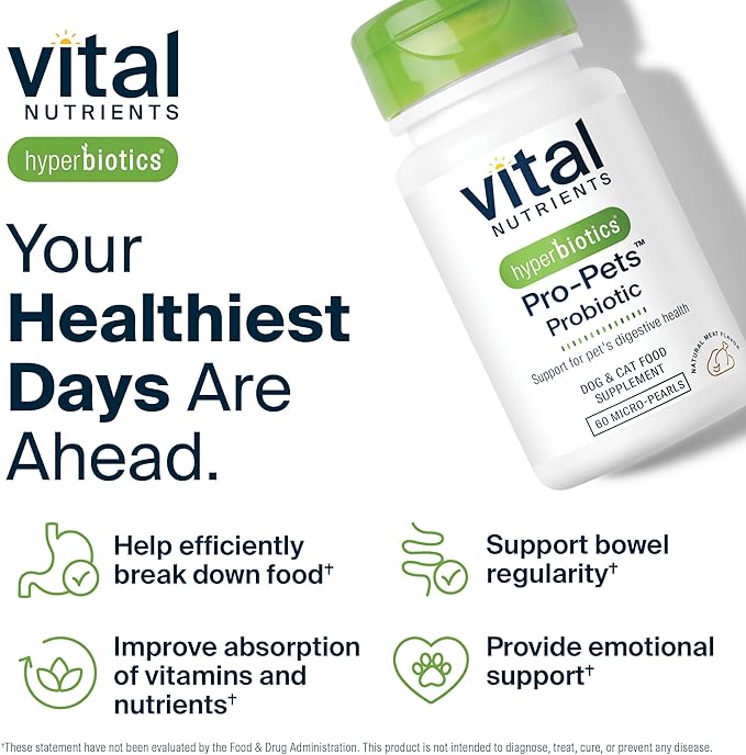 Vital Nutrients Pro Pets Probiotics for Dogs and Cats | Dog Probiotics for Digestive Health, Gut Health, Occasional Diarrhea* | Tasty Meat Flavor | Non-GMO | Hyperbiotics | 60 Micro Tablets