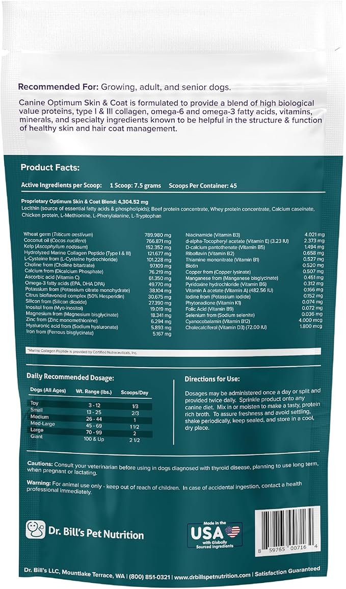 Dr. Bill's Canine Optimum Skin & Coat – Reduces Shedding, Itching, Dry Skin – Allergy Relief for Healthy Fur - Omega 3, Collagen, Biotin & Hyaluronic Acid – 340g Vet-Recommended Dog Supplement