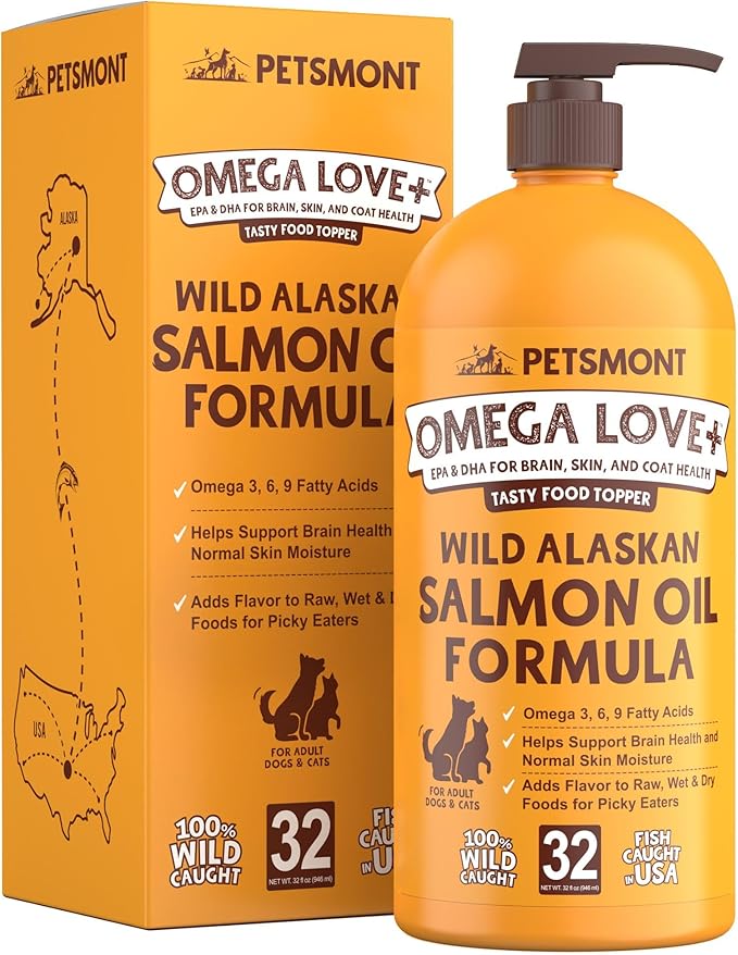 Petsmont Omega Love+ Wild Alaskan Salmon Oil for Dogs Formula 32 oz - Fish Omega Liquid Pump Cats Supports Joint Function Immune Heart Health Food Supplement Pets Natural EPA DHA Fatty Acids