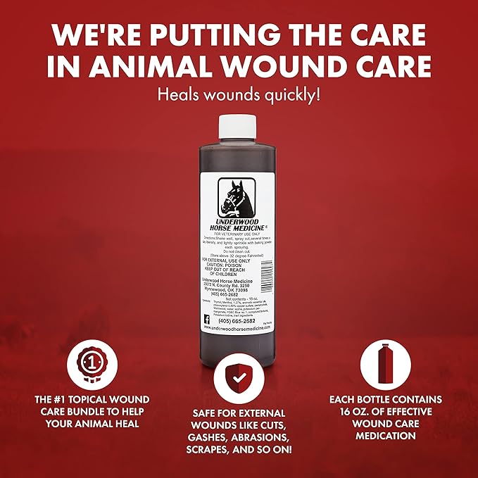 Underwood Topical Horse Care Wound Spray - 16oz Refill Horse Wound Care Horse Essentials for Quick Healing of Cuts – Horse First Aid Kit & Wound Care for Dogs – Equine First Aid Kit & Dog Wound Heal