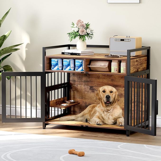 Furniture Style Dog Crate with Storage, 41 Inch Dog Crate Furniture with Double Doors, 2 Stainless Steel Bowls, Dog Crate Furniture-Style Crate for Large/Medium Dog