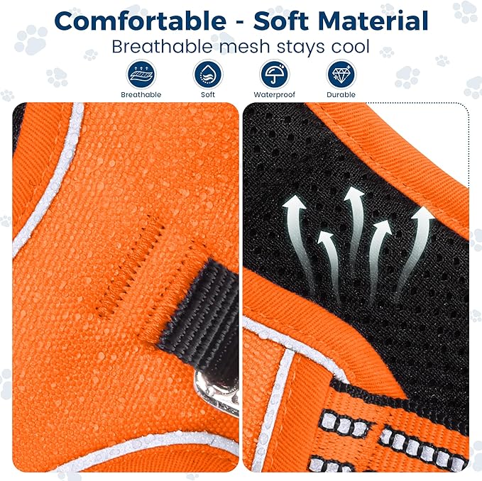 Funfox Dog Harness No Pull, Adjustable Pet Vest Harness, Super Soft Material with Vertical Handle Easy Control, Reflective Night Walking, 2 Leash Clips for Small Sized Dogs, Orange, S