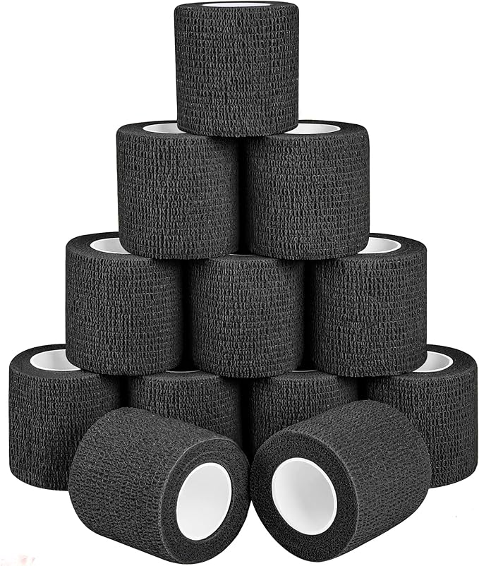 Self Adhesive Bandage Wrap - Pack of 12 Black Color, Non-Woven, Breathable & Water-Resistant Vet Wrap for First Aid, Sports Injury, Body Sprains, & Pets - 2 Inch x 5 Yards