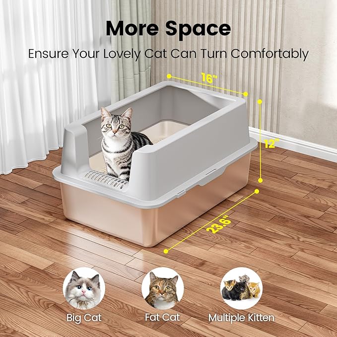 2 Pack Stainless Steel Cat Litter Box - Enclosed XL Metal Kitty Litter Box with Lid for Big Cats, High Sided, Anti-Leakage, Easy Cleaning, Non-Sticky, Included Cat Litter Spoon