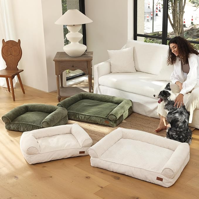 FUKUMARU Dog Couch Bed, Corduroy Cozy Cat Bed for Indoor Cats with Washable Cover, Supportive Waterproof Dog Beds Sofa for Small Dogs and Large Cats Cute, 28inch, Medium, Cream