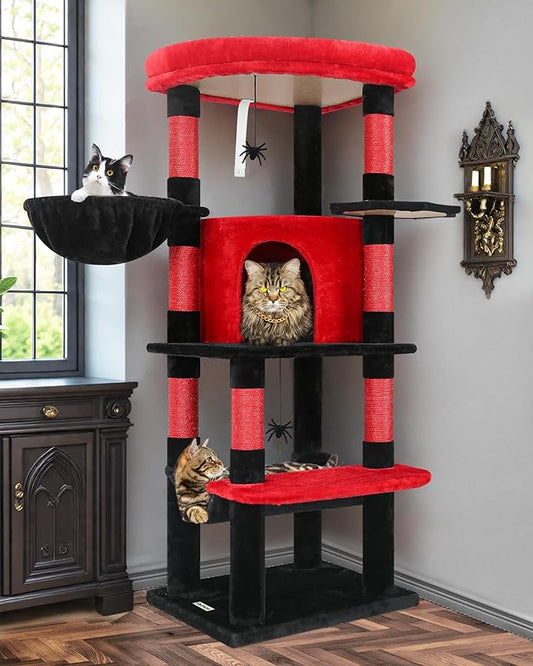 Globlazer Gothic Corner Cat Tree Tower with Scratching Post for Indoor Cats, 51inch Goth Cat Condo Tower with Large Hammock, Fan-Shaped Padded Perch, Spacious Cat Cave, Hanging Basket, C51, Red Black