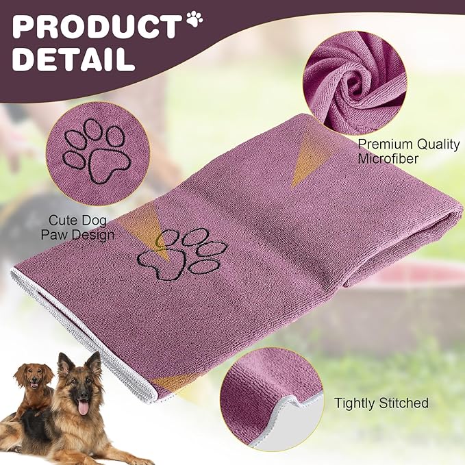 Chumia 4 Pack Dog Towels for Drying Large Microfiber Grooming Tools Absorbent Soft Bath Supplies with Embroidered Paw for Small Medium Pet Products(30 x 50 Inch,Purple)