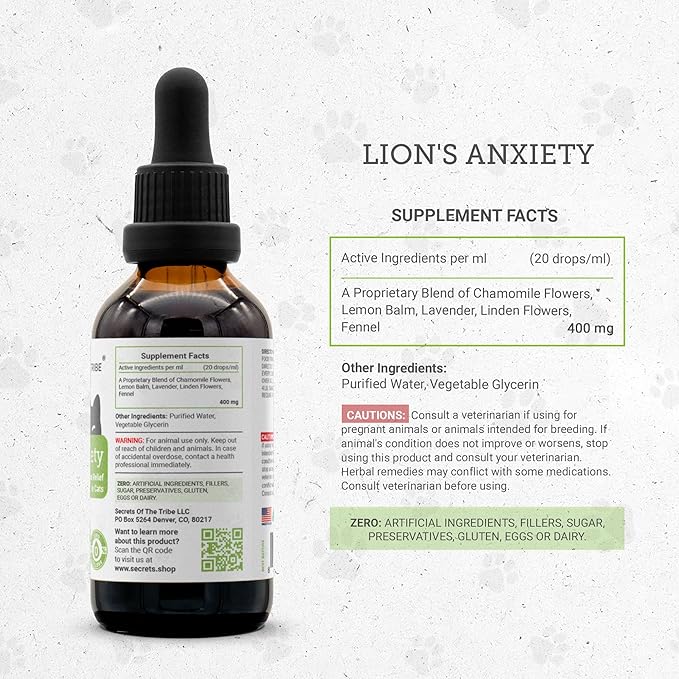 Lion's Anxiety | Natural Herbal Dietary Supplement for Cats | Support Stress Relief in Cats | Alcohol-Free Extract, Chamomile, Lemon Balm, Lavender, Linden, Fennel 2 oz