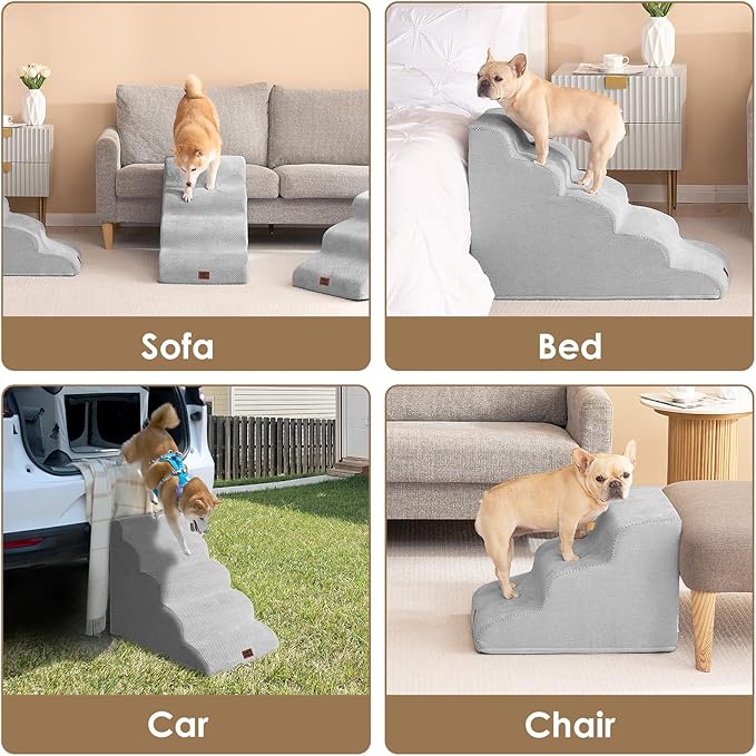 EHEYCIGA Curved Dog Stairs Ramp for Small Dogs 15.7" H, 3-Step Dog Steps for Couch Sofa and Chair, Pet Stairs for Cats, Non-Slip Balanced Pet Steps Indoor, Light Grey