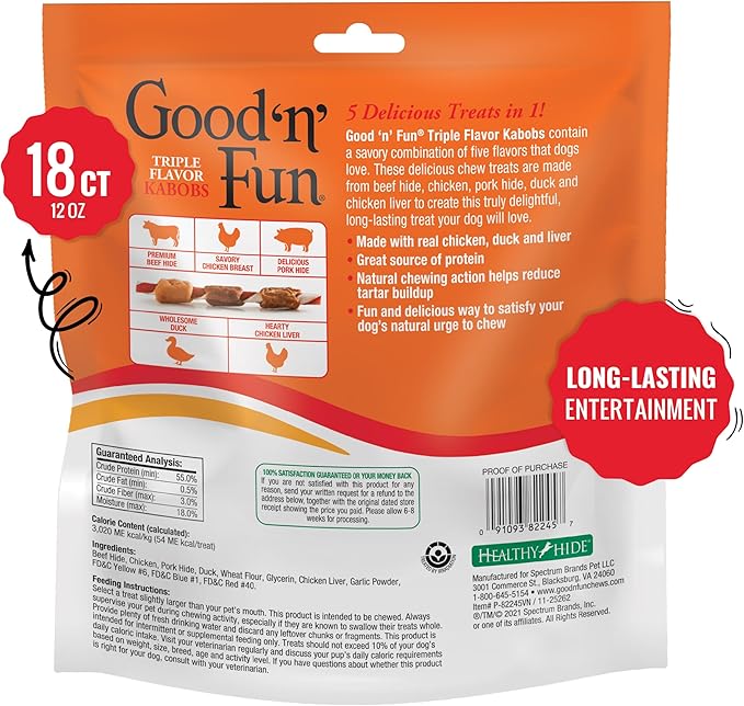 Good ‘n’ Fun Triple Flavor Kabobs Chews for All Dogs, 18 Count, Treat Your Dog to Chews Made from Beef Hide, Real Chicken, Pork Hide, Duck and Chicken Liver