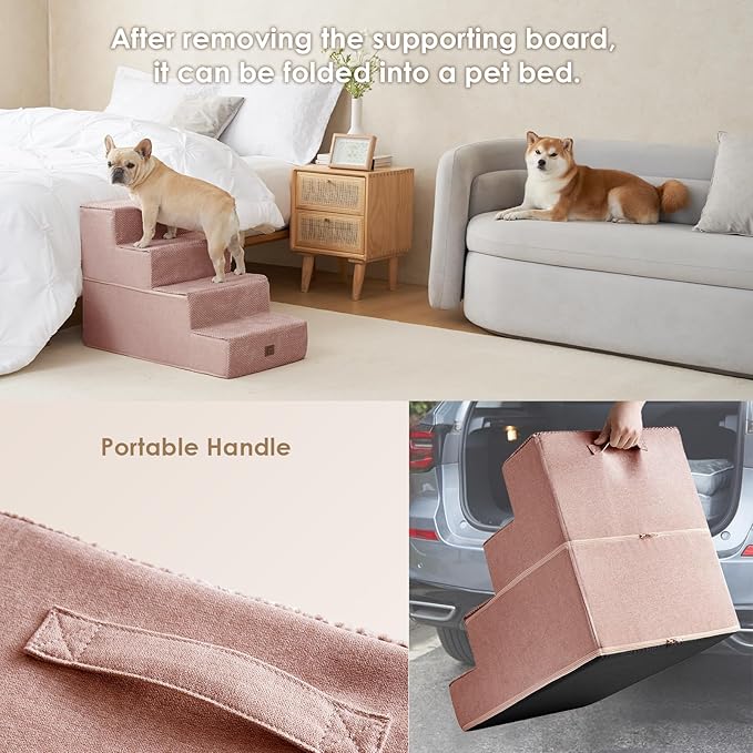 EHEYCIGA Dog Stairs for Bed 20" H, 4-Step Extra Wide Dog Steps for High Bed, Pet Steps for Small Dogs and Cats, Non-Slip Balanced Pet Ramp Indoor, Pink