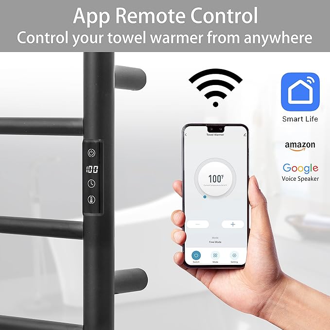 KEG Smart WiFi Towel Warmer Wall Mounted with Built-in Timer and Temperature Adjust Control, 4 Bars Electric Stainless Steel Heated Towel Racks for Bathroom Matte Black