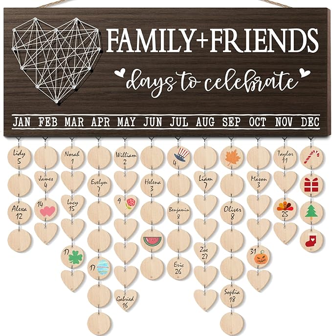 Christmas Grandma Gifts for Mom from Daughter, Wood Family Birthday Reminder Calendar Board Wall Hanging DIY Birthday Tracker Plaque with 120 Tag, Best Mom Dad Grandma Gifts for Birthday Thanksgiving