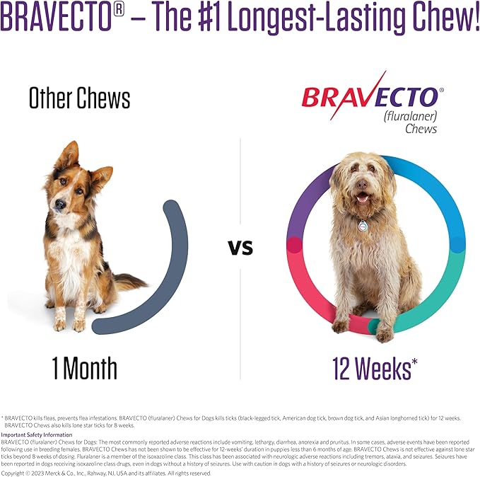 BRAVECTO Chew for Dogs, Flea & Tick, 1 Chew, 12 Week Supply, >44-88 lbs., Blue Box