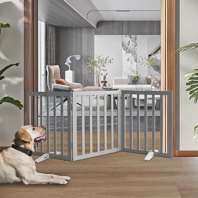 ZJSF Freestanding Indoor Dog Gate for House Foldable Wood Puppy Gate for Doorways Pet Gate for Stairs Extra Wide Pet Fence, Grey, 24" Height 3 Panels
