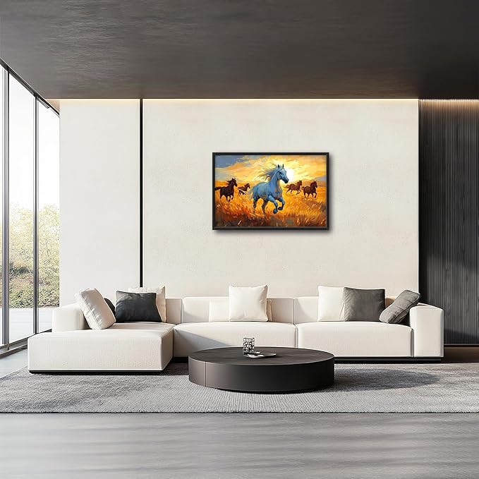 Framed Large Horse Wall Art for Living Room, Oversized Running Horses Wall Decor, Sunset Field Landscape Canvas Painting Home Decoration for Living Room Bedroom Dining Room Office 36"x24"