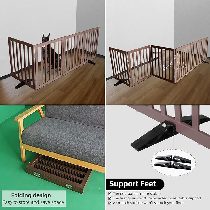 ZJSF Freestanding Indoor Dog Gate for House Foldable Wood Puppy Gate for Doorways Pet Gate for Stairs Extra Wide Pet Fence, Brown, 24" Height 4 Panels