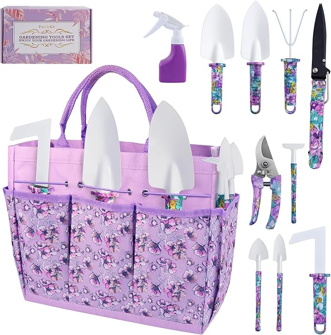Gardening Tool Set 10-Piece, Heavy Duty Garden Tool Set with Purple Floral Tote Bag and Gift Box, Gardening Tools Kit with Ergonomic Non-Slip Handle, Ideal Gardening Gifts for Women Mom