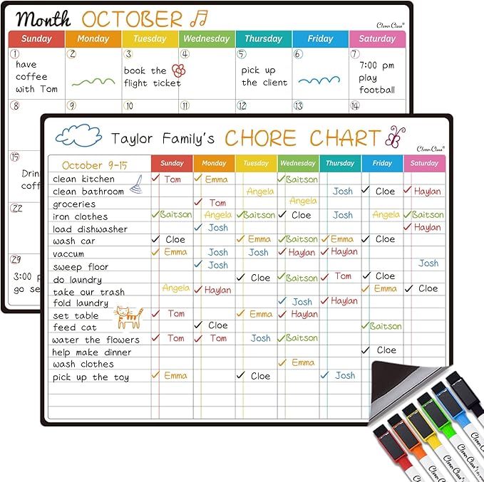 Magnetic Dry Erase Chore Chart, Monthly Calendar Set - 14.5"x11" Monthly Calendar, Chore Board for Fridge - 6 Extra Fine Point Markers Included - Shipped Flat