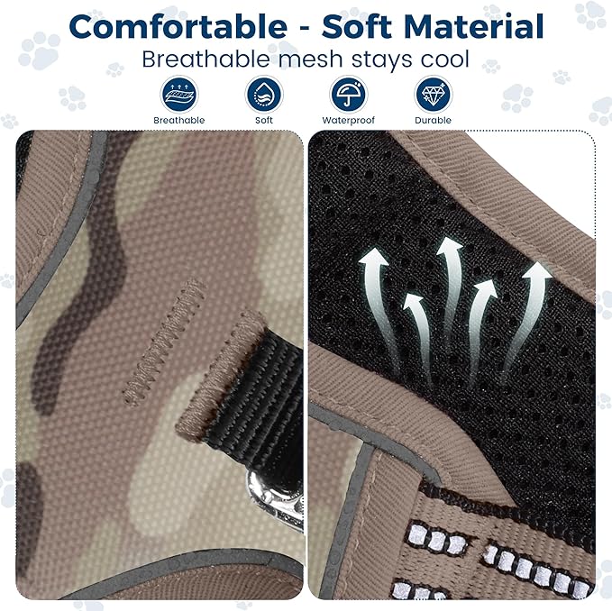 Funfox Dog Harness No Pull, Adjustable Pet Vest Harness, Super Soft Material with Vertical Handle Easy Control, Reflective Night Walking, 2 Leash Clips for Large Dogs, Camo Brown, L