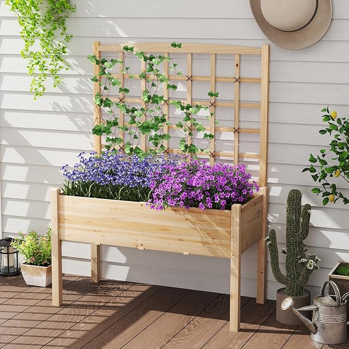 Giantex Raised Garden Bed with Trellis, Wooden Elevated Planter Box with Legs, Drainage Holes for Climbing Plants Vines Vegetables Flowers Herbs, Outdoor Horticulture Planter for Patio Yard (Natural)
