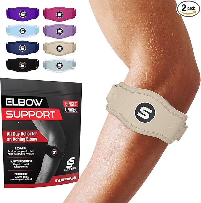 Sleeve Stars Tennis Elbow Brace for Men & Women, Tendonitis Elbow Brace & Strap Golfers Elbow Brace Counterforce Band for Tendon Pain Relief & Support for Forearm w/ 3 Straps Fits 9-23" (Single) (2, Beige, One Size)