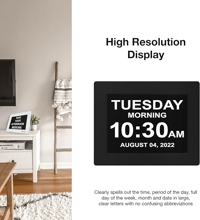 American Lifetime Large Digital Clock for Seniors, Black, 8 inch, with Day & Date, Customizable Alarms, Auto-Dimming, Multi-Language Support, Battery Backup, Easy Setup, and Gift Option
