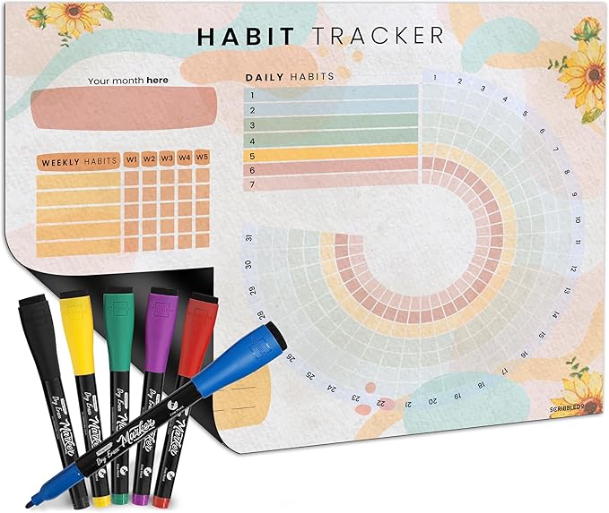 Habit Tracker Journal Workout Motivation Fridge Calendar Dry Erase 13” X 17” Magnet Health Fitness Goal Tracker Goals Board - With Shopping Grocery List - 6 Markers Included