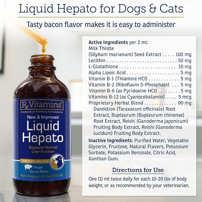 Rx Vitamins Liquid Hepato Support for Dogs & Cats - Liver Support Supplement with Milk Thistle for Dogs (Silymarin & Silybinin) and Vitamin B - Bacon Flavor (4oz)