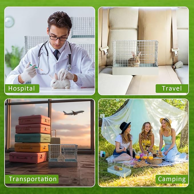 Folding Rabbit Cage, 18 x 10 x 14 in Portable Bunny Carrier with Tray and Handles for Transport, Travel or Temporary Housing, Indoor Outdoor Pet Habitat Animal Enclosure