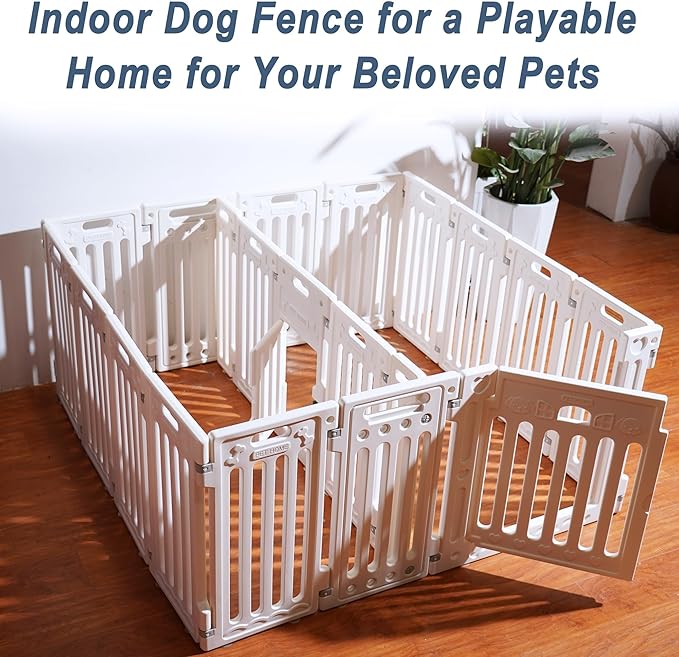 2 Room Dog Playpen with Door,DIY Shape Combination Puppy Pen,16-Panel+2 Link Piece+Large Door+Small Door,25.5" H Dog Fence,Non-Slip&Secure Pet Gate,Easy to Assemble (Two Rooms)