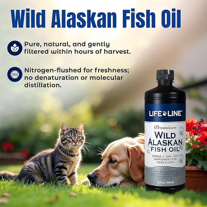 Life Line Pet Nutrition Wild Alaskan Fish Oil for Dogs and Cats 32oz – Omega 3 Fish Oil Supplement for Skin & Coat – Supports Brain, Eye & Heart Health in Dogs & Cats