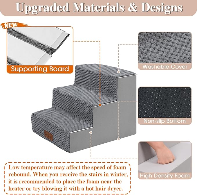 GGIB Dog Stairs for Small Dogs Cats Non-Slip Dog Steps for High Bed Pet Stairs for Sofa Couch Pet Ramp Pet Steps with Removable Washable Cover, Grey, 13" H, 3-Step