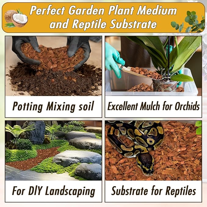 Zeedix 6 Pack Coco Husk Chips for Plants(6.6LB), 100% Organic Coconut Chips Mulch with Low EC & PH Balance, All Purpose for Indoor Plant Flowers Herbs Vegetables, Reptiles Terrarium Tanks Substrate